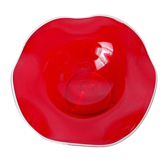 Red Hand Blown Art Glass Bowl Dish Compote Clear Pedestal Ruffle Silver Crest - Picture 2 of 3